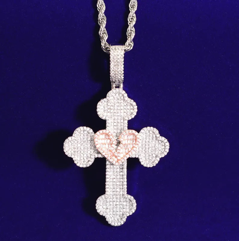 Iced Out Broken Heart Cross Pendant