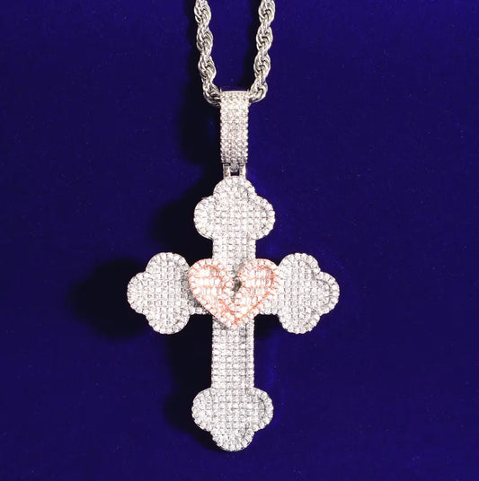 Iced Out Broken Heart Cross Pendant