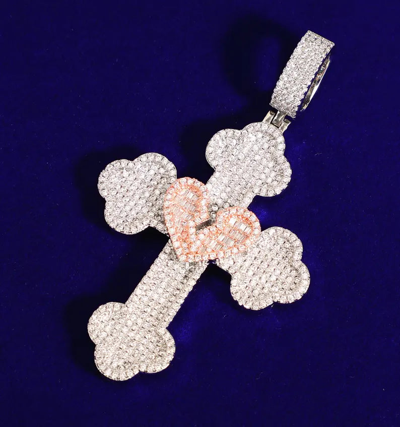 Iced Out Broken Heart Cross Pendant