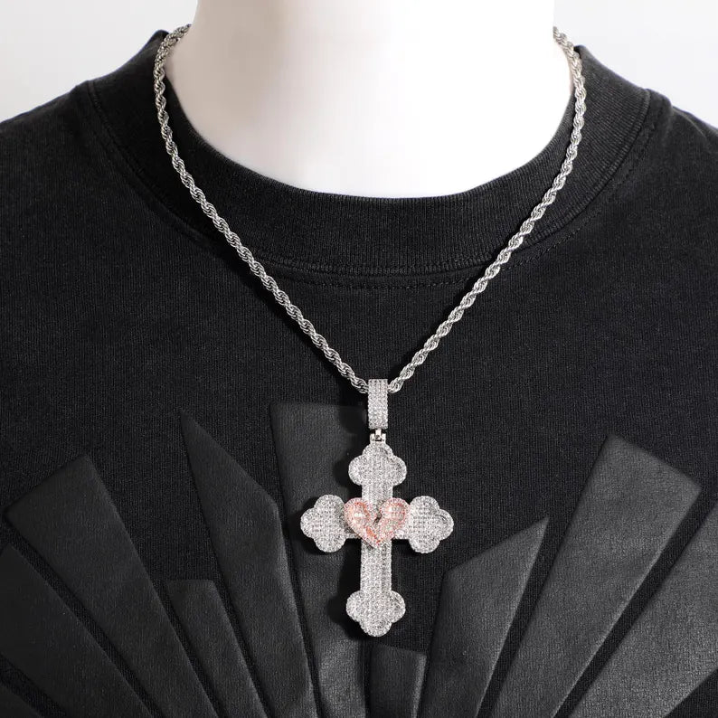 Iced Out Broken Heart Cross Pendant