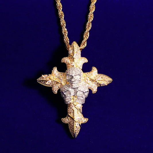 Iced Out Cross Skull Pendant