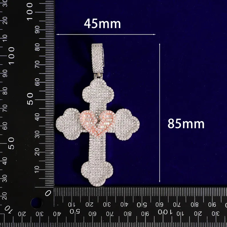 Iced Out Broken Heart Cross Pendant