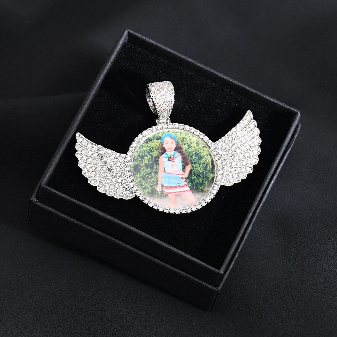 Custom Iced Micro Paved Angel Wing Photo Pendant