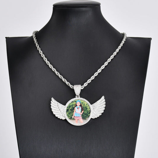 Custom Iced Micro Paved Angel Wing Photo Pendant