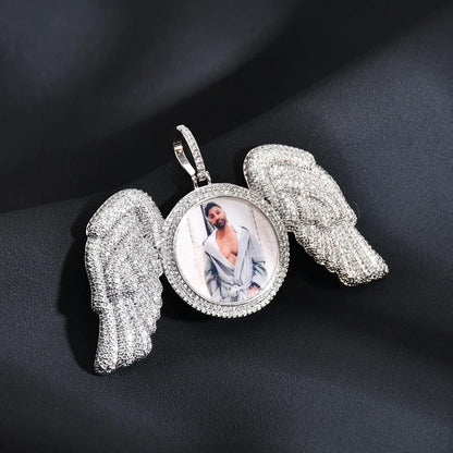 Custom Iced Out Angel Wings Photo Pendant