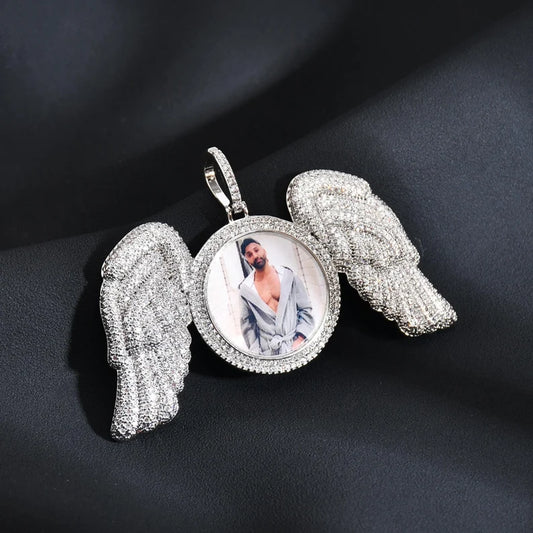 Custom Iced Out Angel Wings Photo Pendant