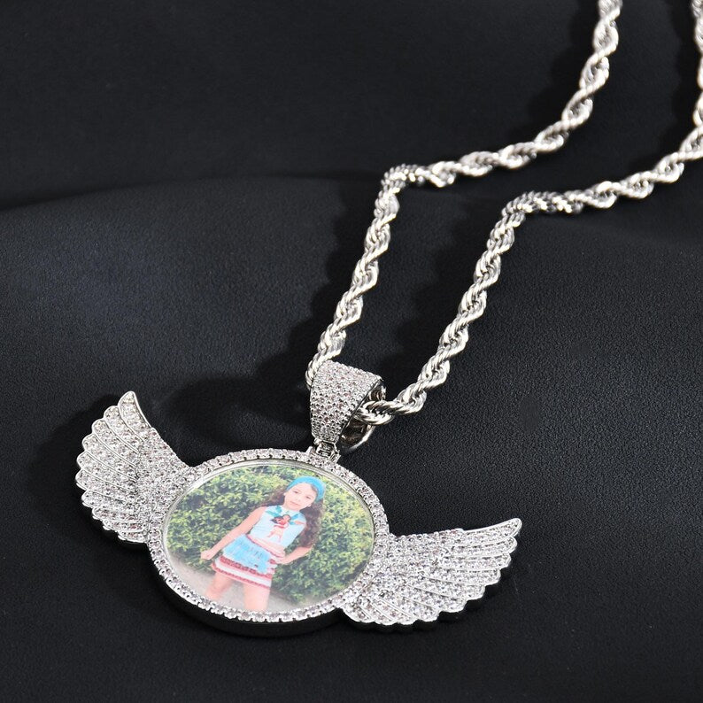 Custom Iced Micro Paved Angel Wing Photo Pendant