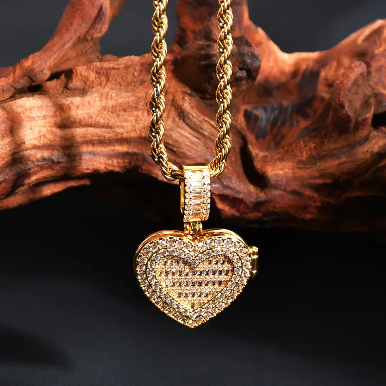 Custom Iced Baguette Heart Photo Locket