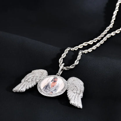 Custom Iced Out Angel Wings Photo Pendant