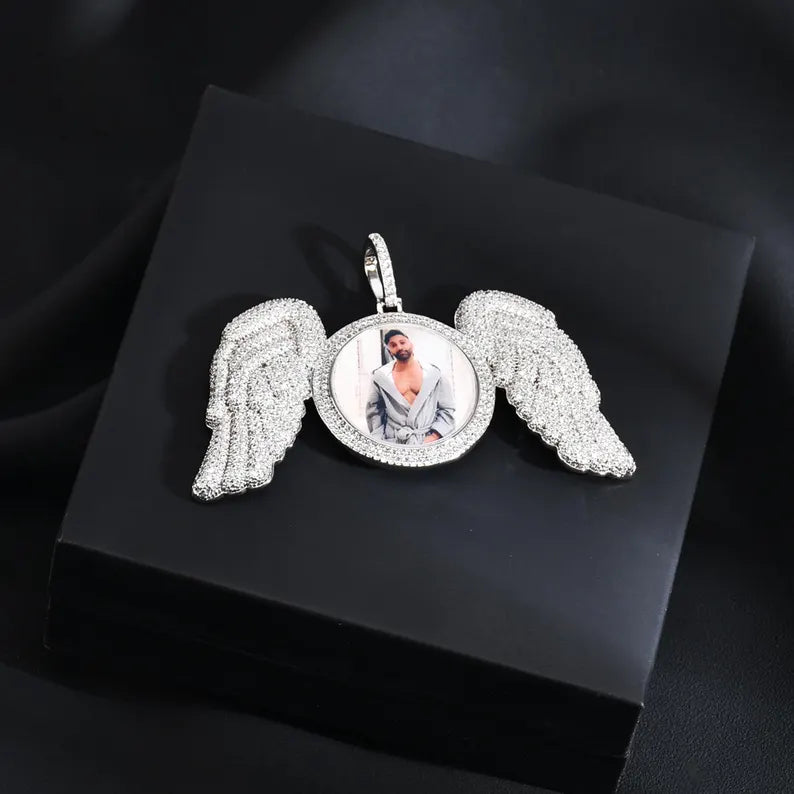 Custom Iced Out Angel Wings Photo Pendant